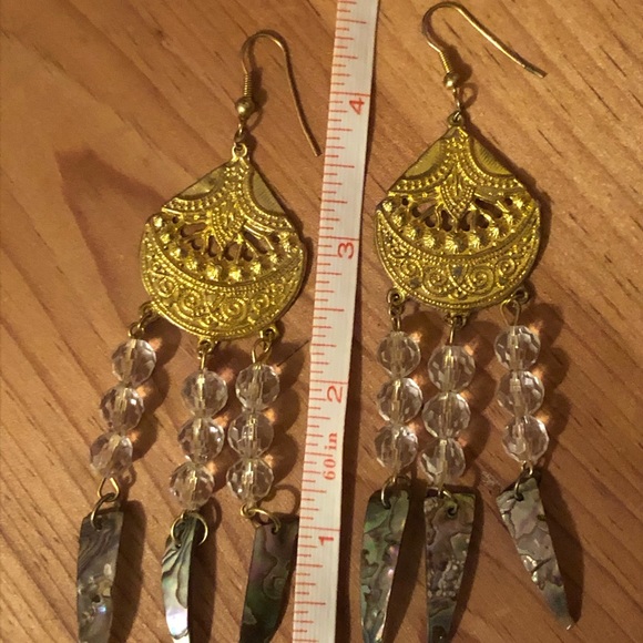 Golden Crystal and Abalone Dangle Earrings - Picture 5 of 5